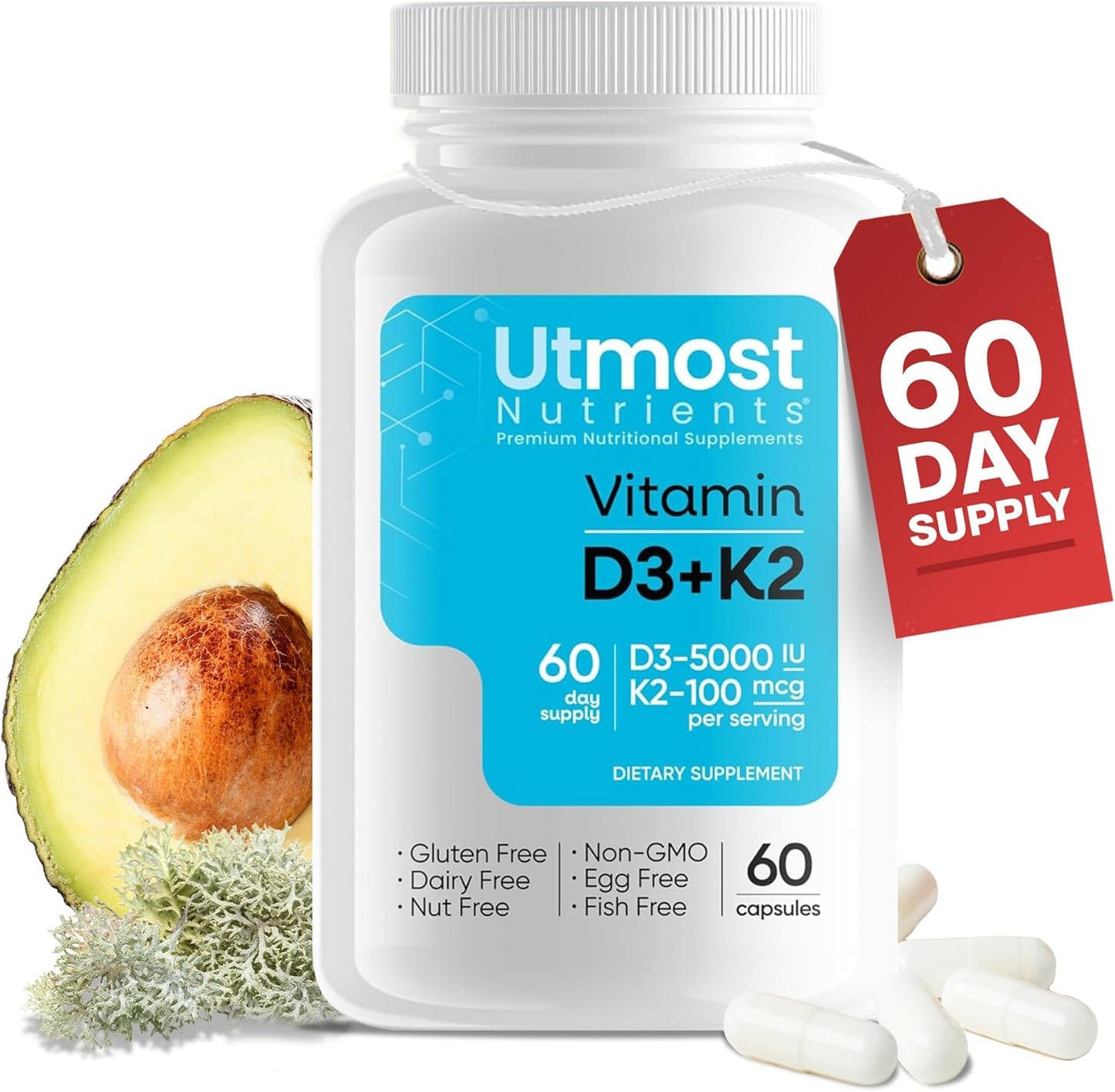 Vitamin D3 with K2 Supplement - 5000iu D + 100mcg K for Maximum Bioavailability - Supports Cardiovascular, Immune, and Bone Health - 60 Capsules