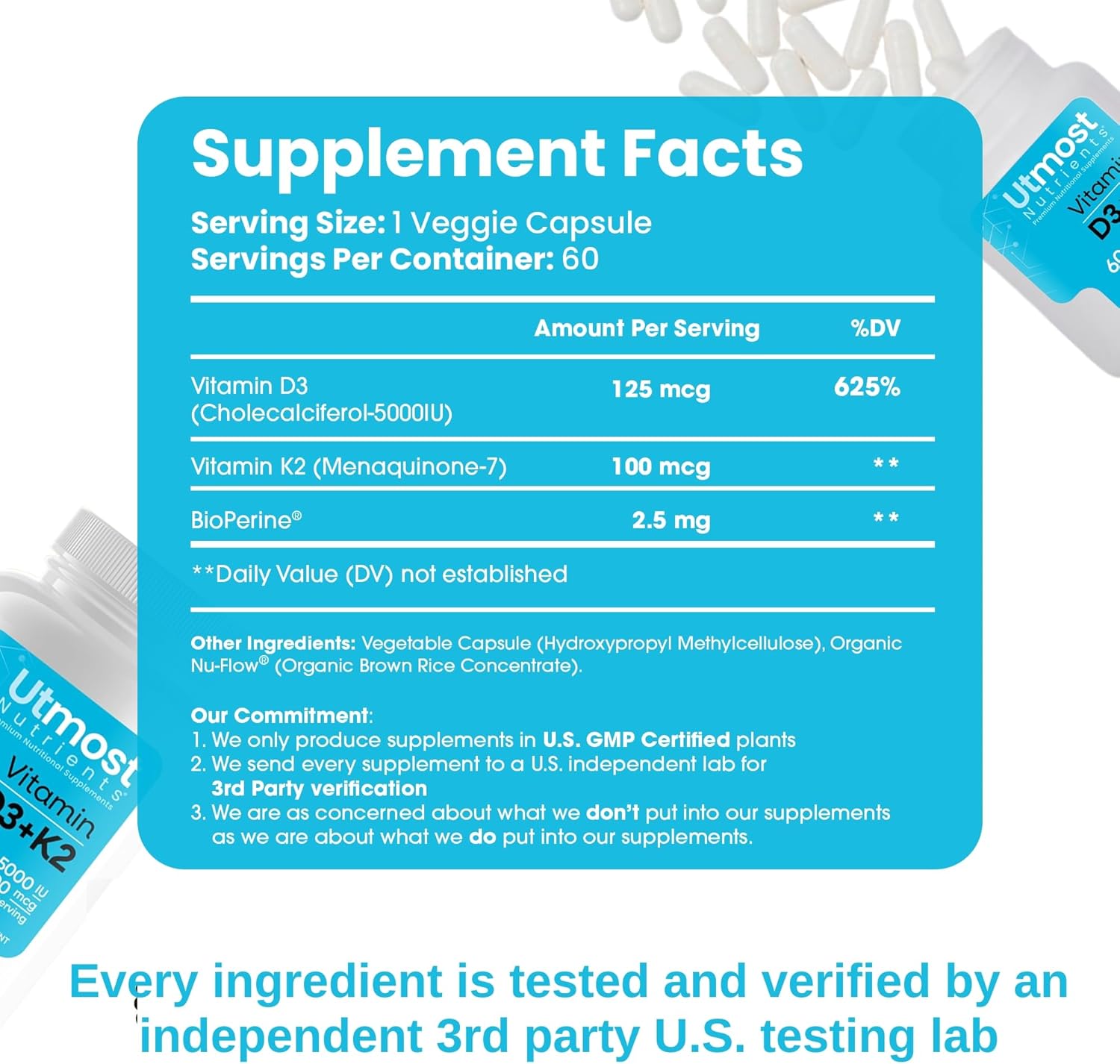 Vitamin D3 with K2 Supplement - 5000iu D + 100mcg K for Maximum Bioavailability - Supports Cardiovascular, Immune, and Bone Health - 60 Capsules