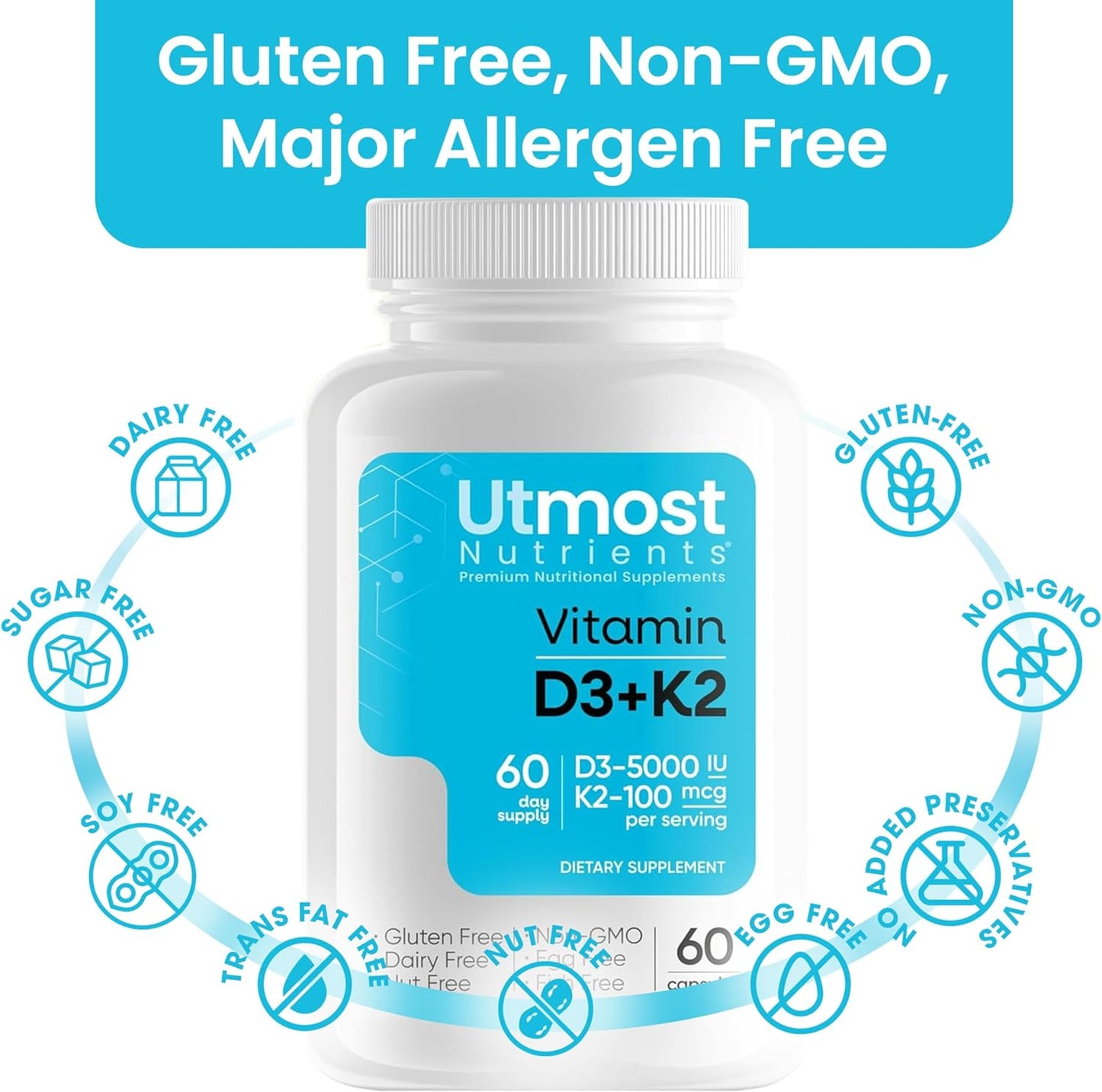 Vitamin D3 with K2 Supplement - 5000iu D + 100mcg K for Maximum Bioavailability - Supports Cardiovascular, Immune, and Bone Health - 60 Capsules