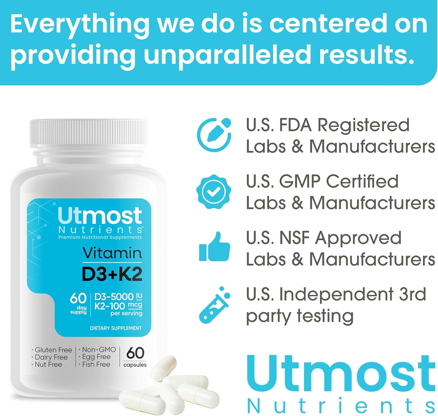 Vitamin D3 with K2 Supplement - 5000iu D + 100mcg K for Maximum Bioavailability - Supports Cardiovascular, Immune, and Bone Health - 60 Capsules
