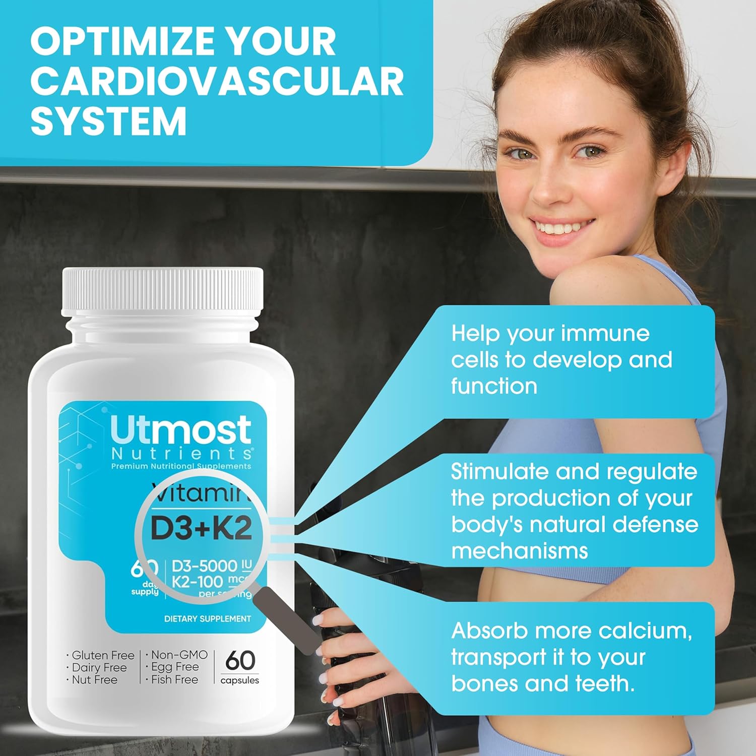 Vitamin D3 with K2 Supplement - 5000iu D + 100mcg K for Maximum Bioavailability - Supports Cardiovascular, Immune, and Bone Health - 60 Capsules