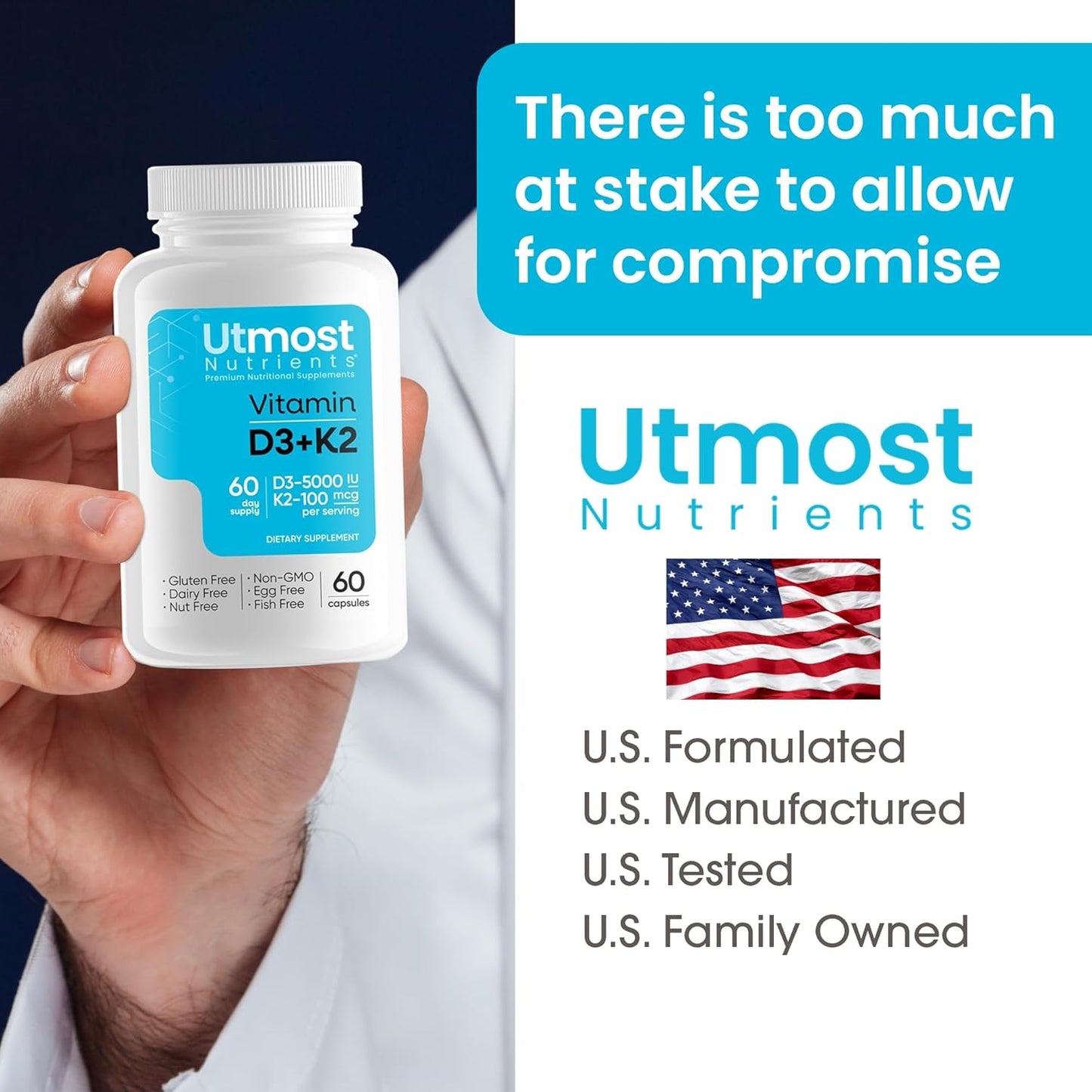 Vitamin D3 with K2 Supplement - 5000iu D + 100mcg K for Maximum Bioavailability - Supports Cardiovascular, Immune, and Bone Health - 60 Capsules
