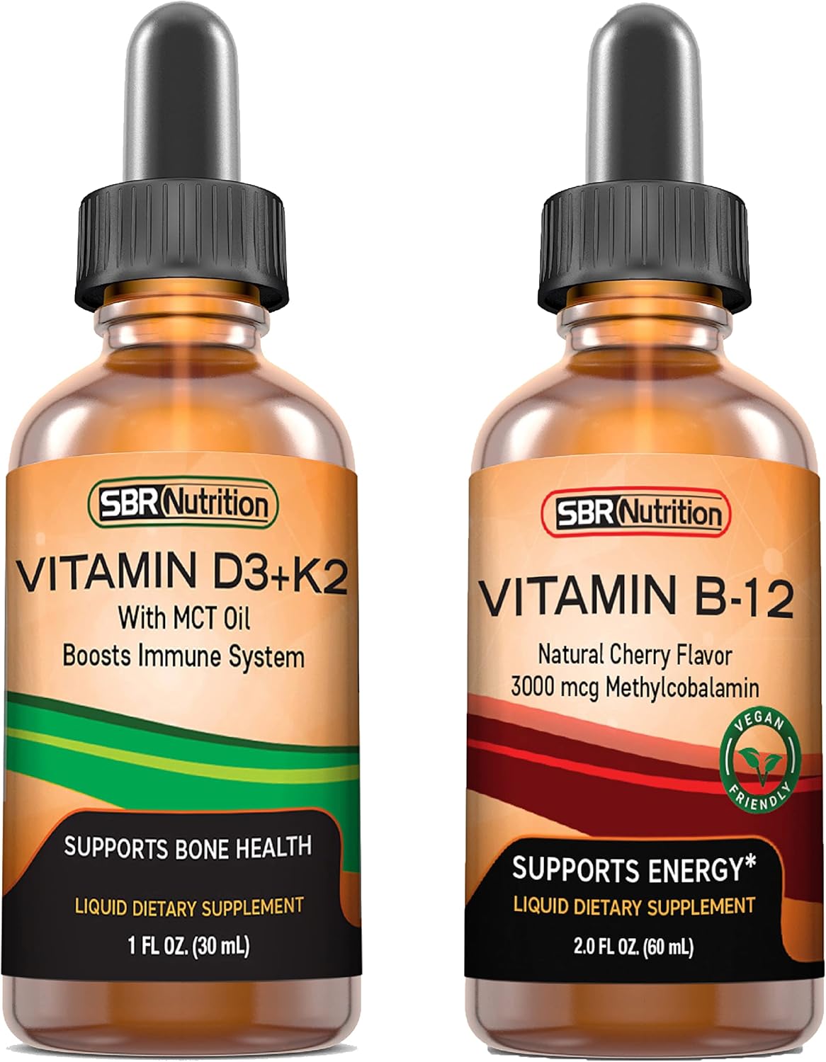 Vitamin D3K2 and B12 Liquid Drops Bundle - Peppermint Flavor - Non-GMO, Gluten Free - 1oz D3K2 + 2oz B12 - Adults & Kids