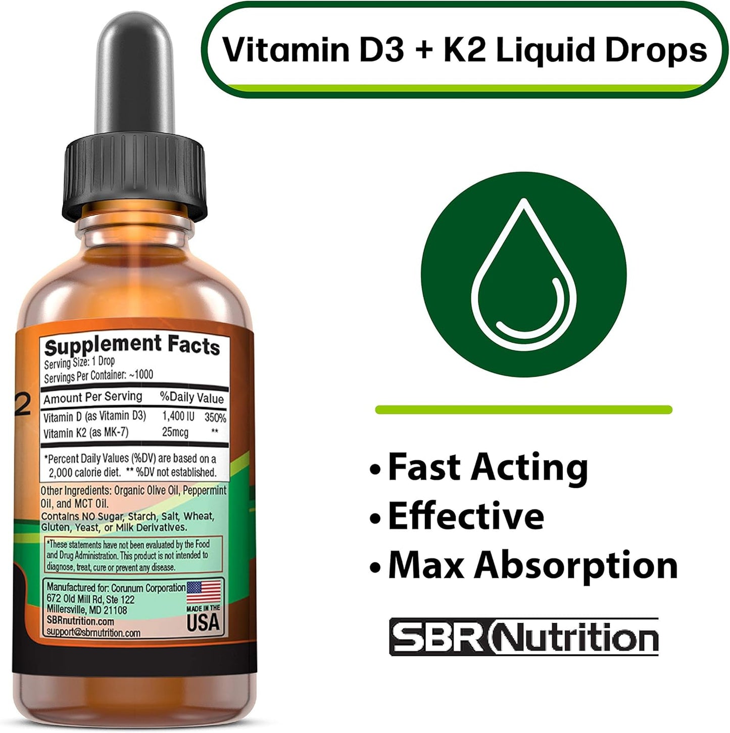 Vitamin D3K2 and B12 Liquid Drops Bundle - Peppermint Flavor - Non-GMO, Gluten Free - 1oz D3K2 + 2oz B12 - Adults & Kids