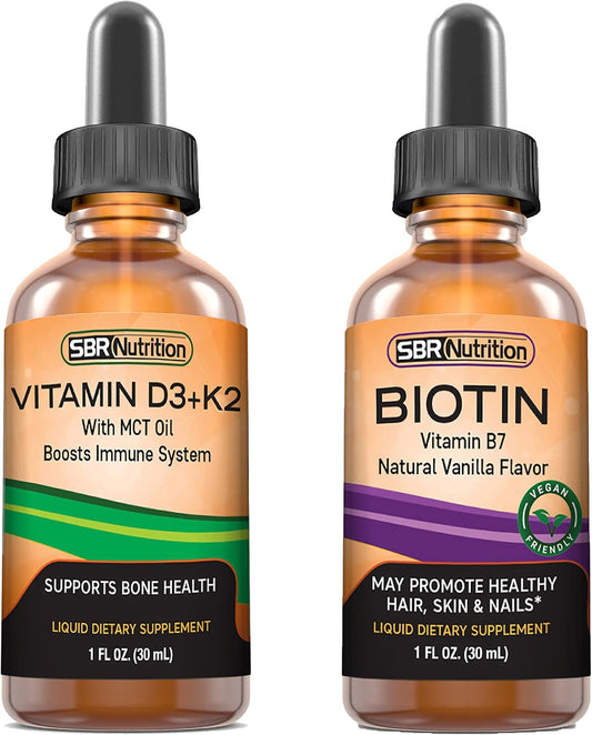 Vitamin D3K2 and Biotin Liquid Drops Bundle - Peppermint 1oz & Vanilla 2oz | Non-GMO, Gluten Free | for Adults & Kids