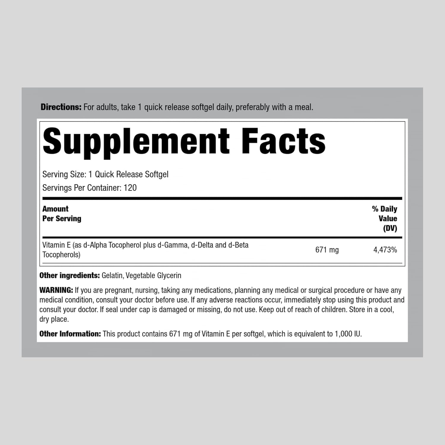 Vitamin E 1000 IU Softgels | 120 Count with D-Alpha and Mixed Tocopherols | Gluten Free, Non-GMO Supplement by Piping Rock