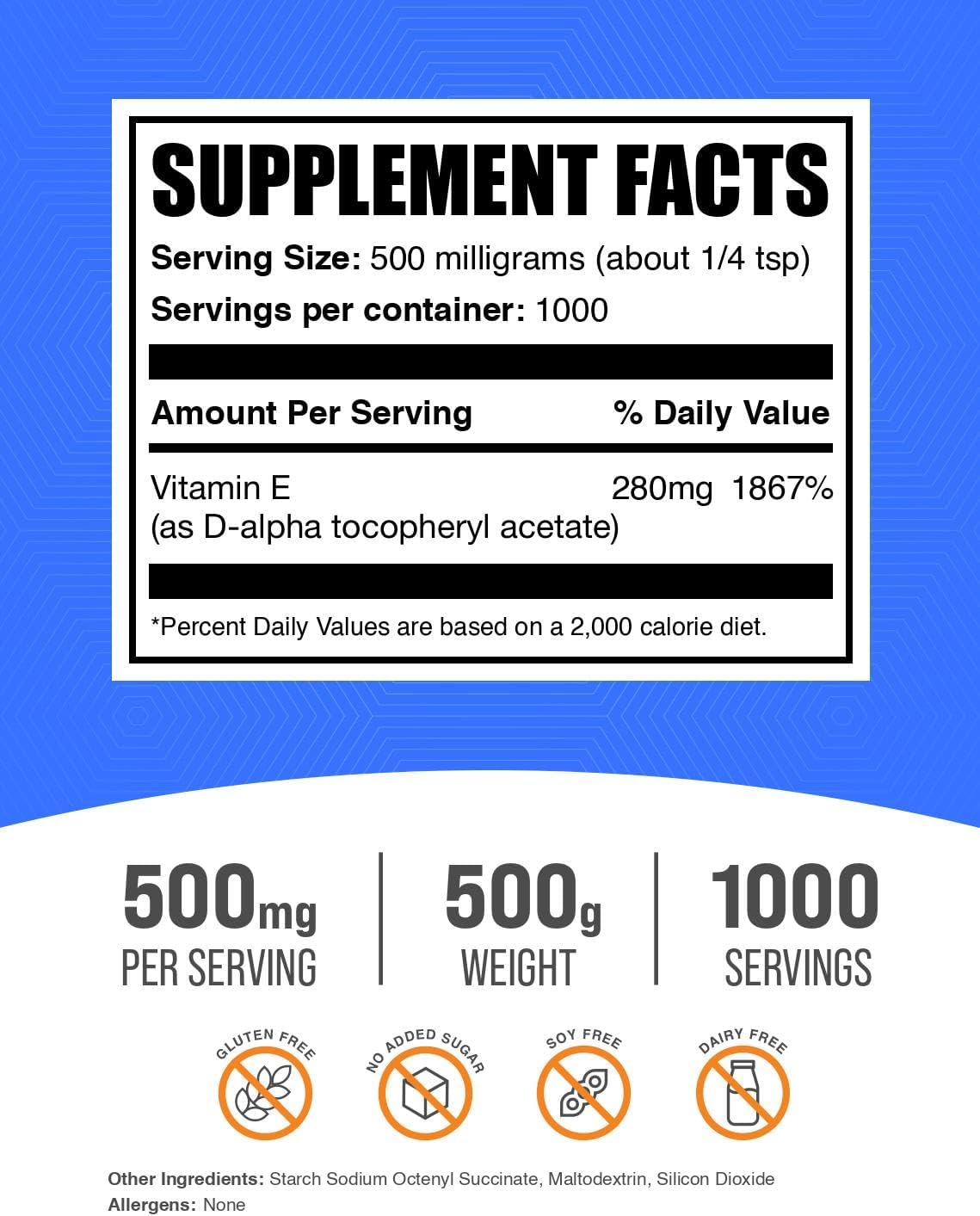 Vitamin E 400 IU Powder - D-Alpha Tocopherol Supplement, Gluten Free - 500mg per Serving - 500g (1.1 lbs) Pack