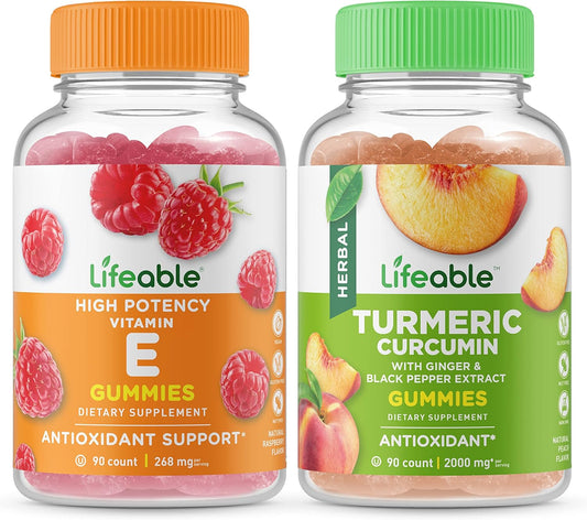 Vitamin E & Turmeric Curcumin Gummies Bundle - Chewable Supplement, Gluten-Free, Non-GMO, Great Taste