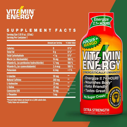 Vitamin Energy Focus Shots - Natural Healthy Energy Drink - Sugar-Free Supplement with B6, B12, Niacin - Mango Flavor - 24 Ct