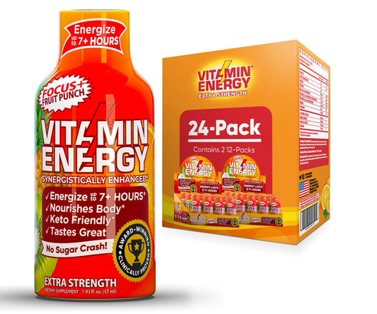 Vitamin Energy Focus+ Shots - Natural Sugar-Free Energy Drink with Vitamins B6, B12, Niacin, L-Theanine, CoQ10 - 24 Pack