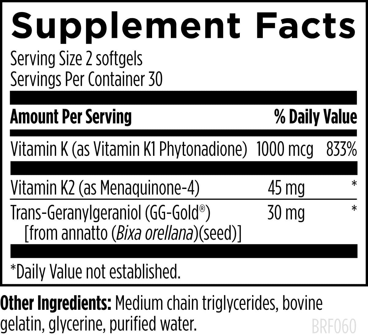 Vitamin K1 and K2 Supplement for Bone Strength, Healthy Aging, and Arterial Health - 60 Softgels with GG for Vitamin K2 MK4 Production by Designs for Health