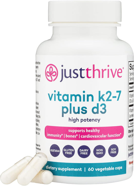 Vitamin K2-7 Plus D3 Supplement for Immune, Heart, and Bone Health - 60 Vegetable Capsules