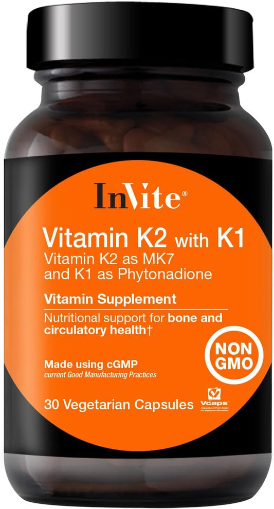 Vitamin K2 and K1 for Bone and Circulatory Health - MK7 and Phytonadione - 30 Vegetarian Capsules (2-Pack) by Invite Health