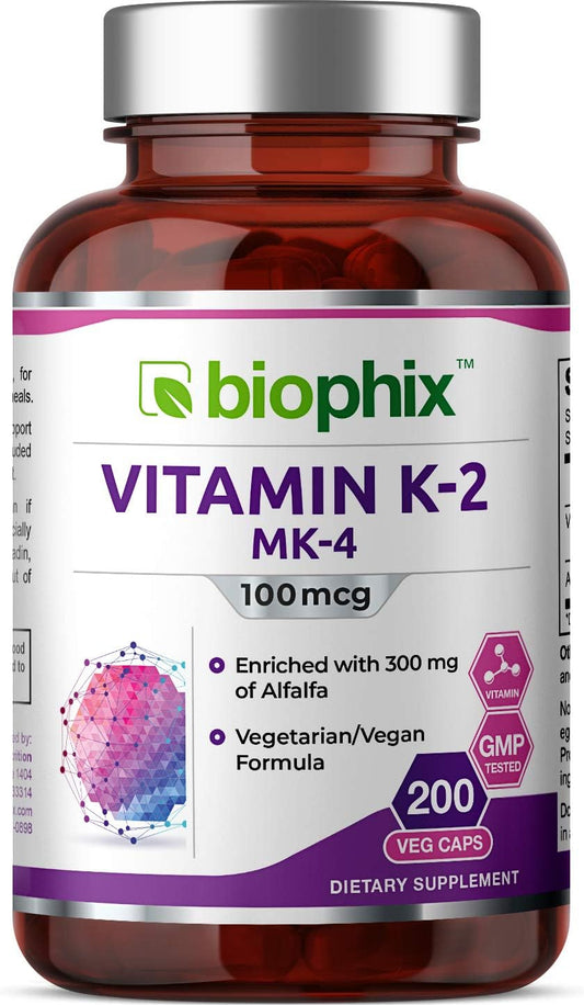 Vitamin K2 MK-4 Capsules 100mcg with Alfalfa - Promotes Bone Strength and Immune Support - 200 Count