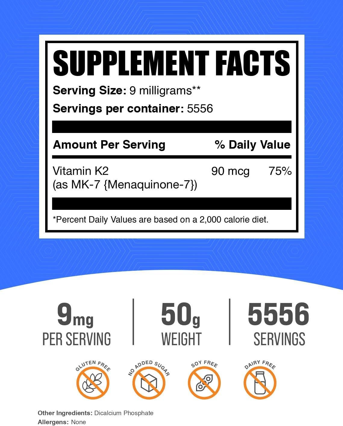 Vitamin K2 MK-7 Powder Supplement - Menaquinone K2 Powder for Wellness, Gluten-Free, 9mg per Serving, 50g Pack