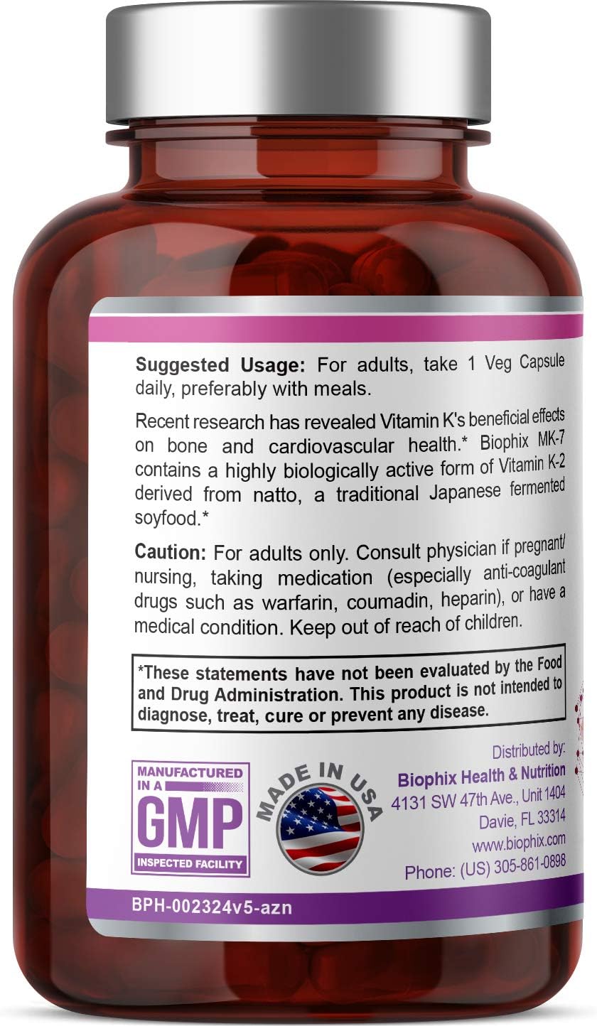 Vitamin K2 MK-7 Supplement - 100mcg 60 Veg Capsules for Strong Bones and Immune Health by Biophix