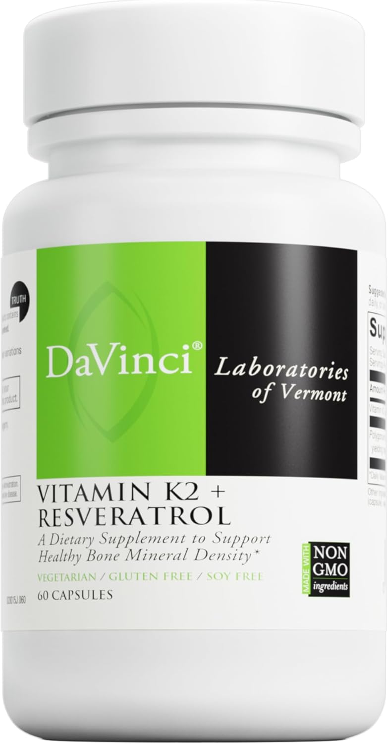 Vitamin K2 & Resveratrol Supplement for Bone and Heart Health - Antioxidant Support - Vegetarian, Gluten-Free, Soy-Free - 60 Capsules