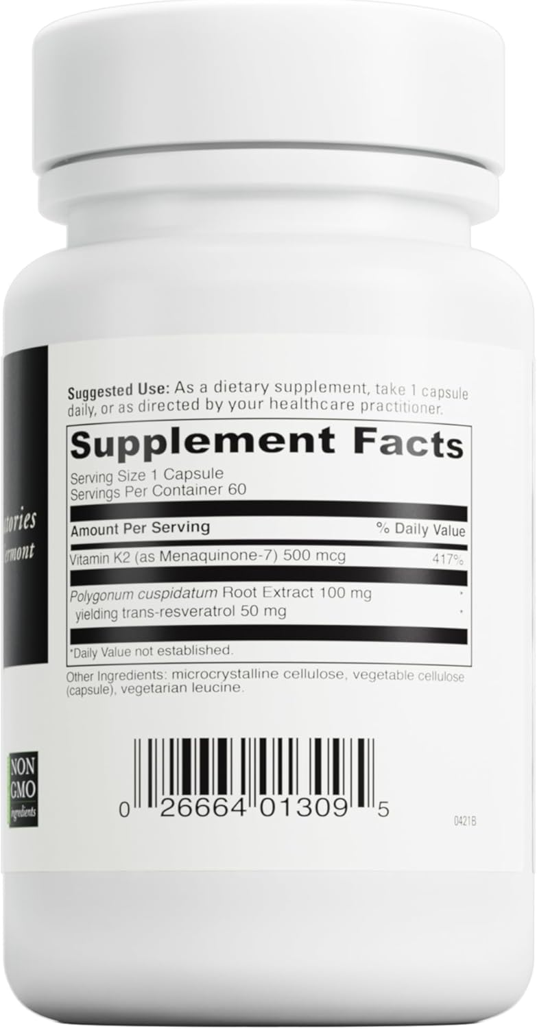 Vitamin K2 & Resveratrol Supplement for Bone and Heart Health - Antioxidant Support - Vegetarian, Gluten-Free, Soy-Free - 60 Capsules
