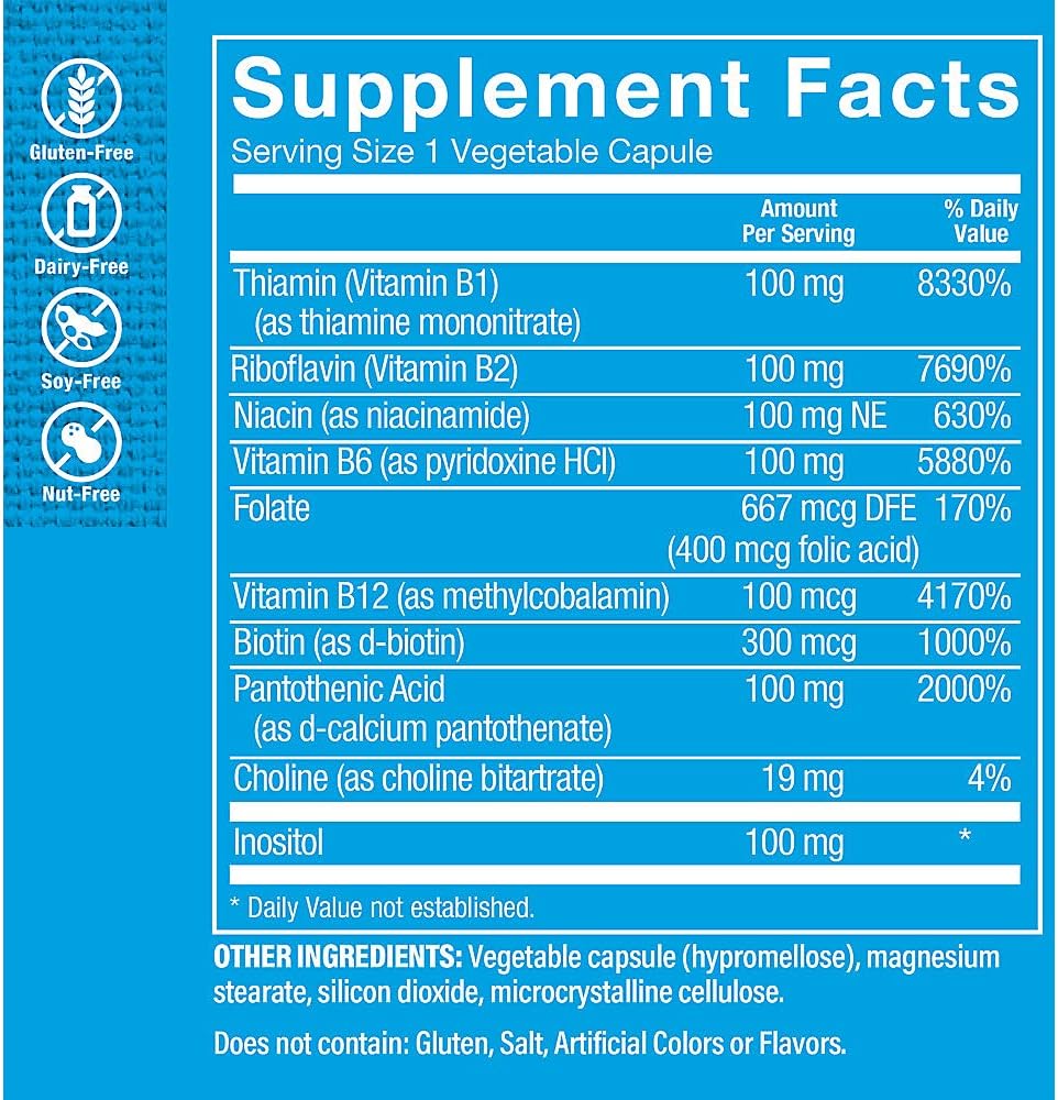 Vitamin Shoppe B-Complex 100 Capsules - Boost Energy, Nervous System, Nutrient Metabolism - B1, B2, B6, B12, Niacin, Folic Acid, Biotin - 300 Veggie Caps