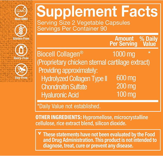 Vitamin Shoppe Biocell Collagen II with Hyaluronic Acid - 1000mg per serving (60 Capsules) for Joint Health