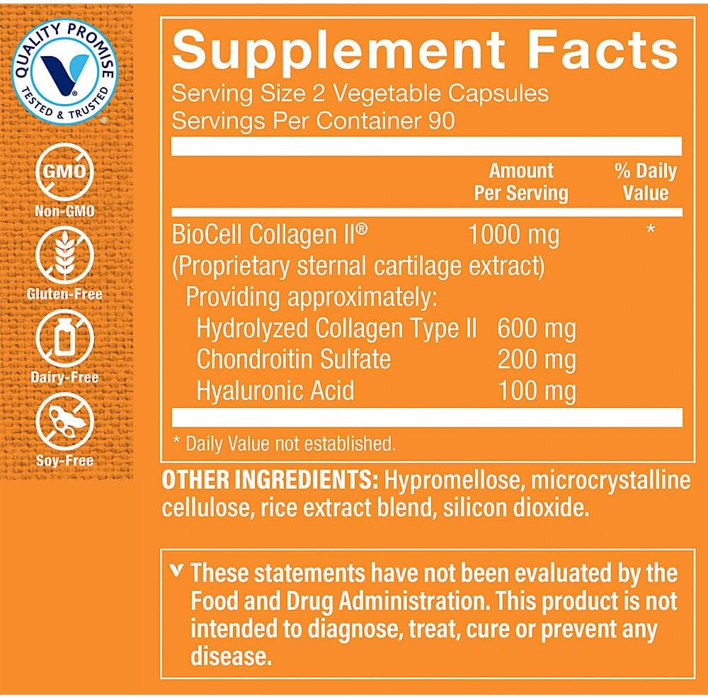 Vitamin Shoppe Biocell Collagen II with Hyaluronic Acid Capsules - Supports Skin, Joint, & Cartilage Health - Hydration & Elasticity - 1000mg - 60 Count