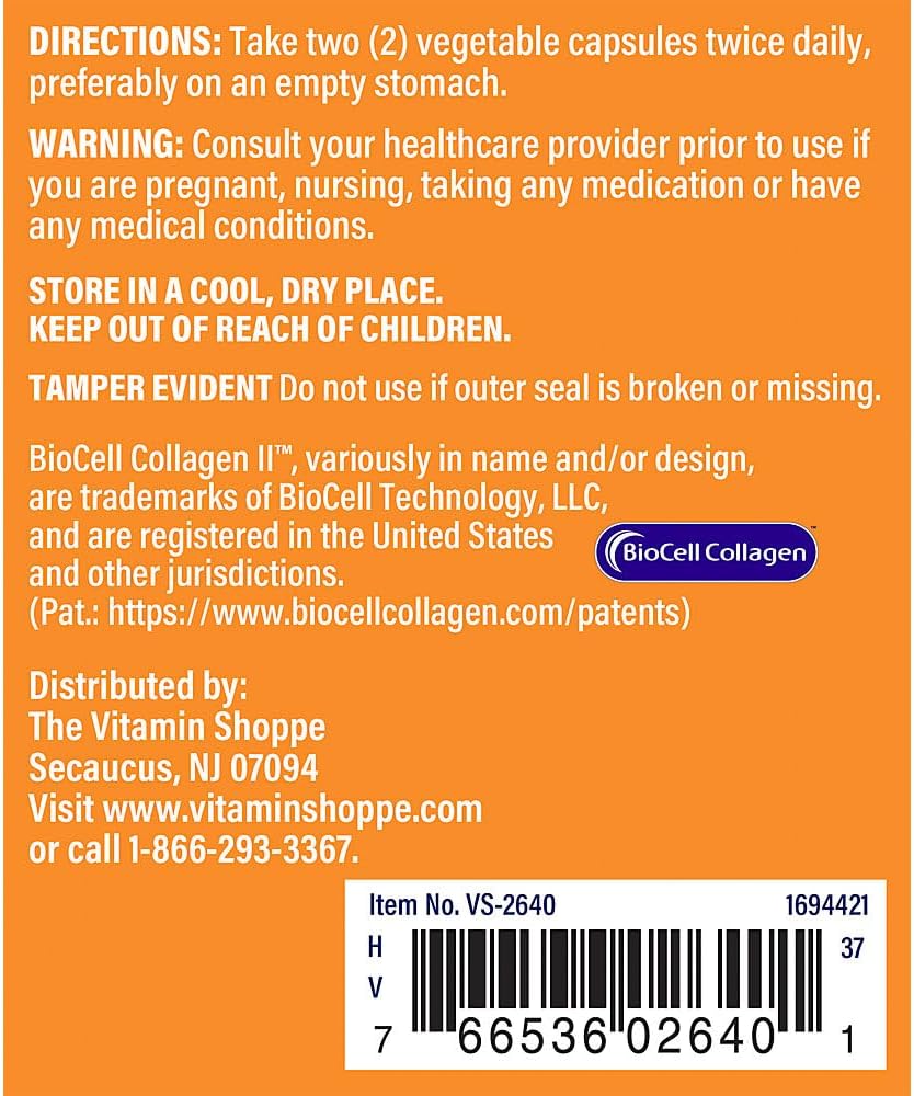 Vitamin Shoppe Biocell Collagen II with Hyaluronic Acid Capsules - Supports Skin, Joint, & Cartilage Health - Hydration & Elasticity - 1000mg - 60 Count