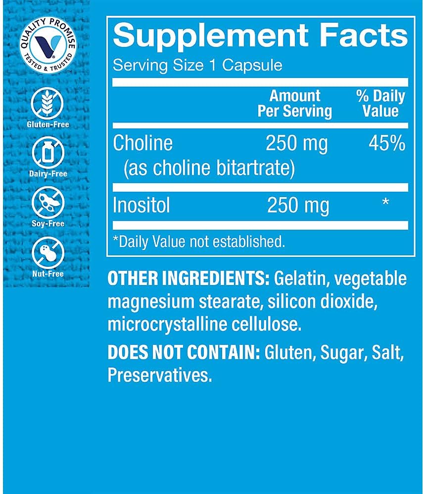 Vitamin Shoppe Choline & Inositol 500MG Capsules for Fat Metabolism & Brain Health - Daily Supplement (100 Count)