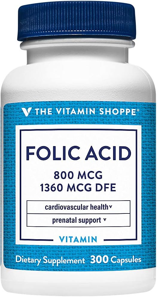 Vitamin Shoppe Folic Acid 800MCG Capsules for Prenatal & Fetal Development - 300 Count