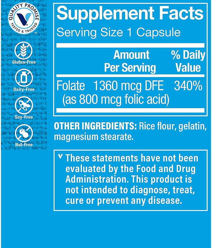Vitamin Shoppe Folic Acid 800MCG Capsules for Prenatal & Fetal Development - 300 Count