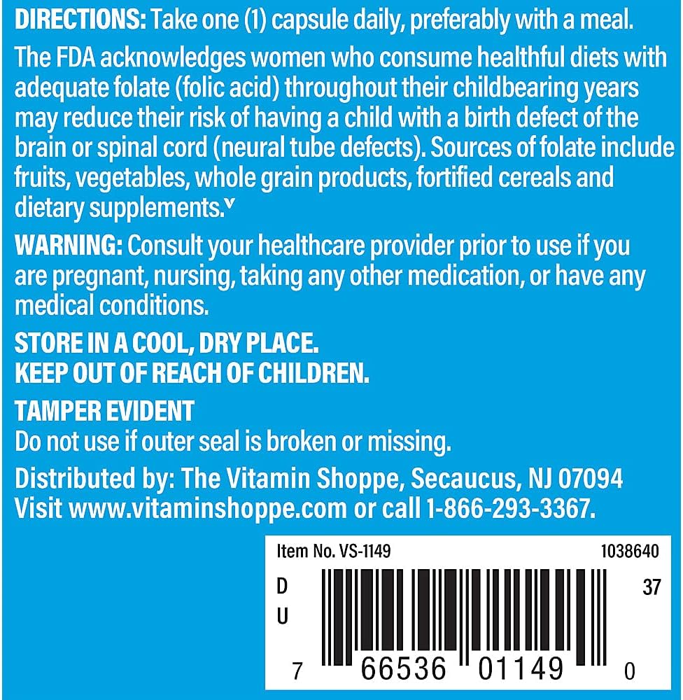 Vitamin Shoppe Folic Acid 800MCG Capsules for Prenatal & Fetal Development - 300 Count