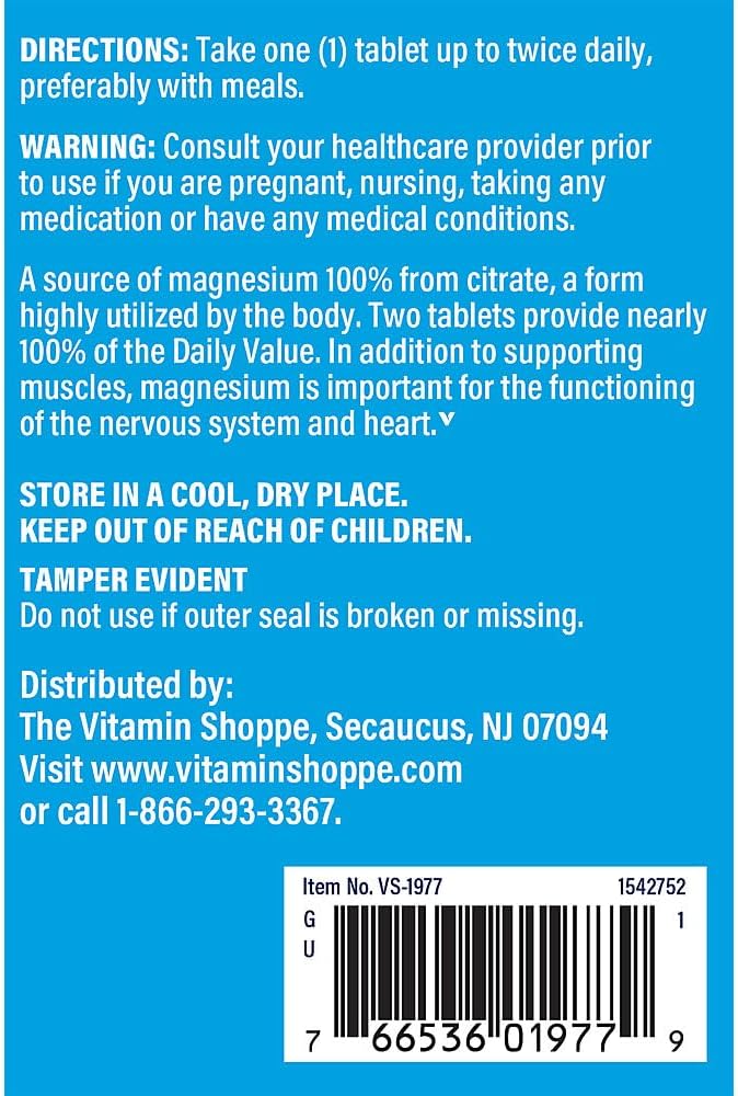 Vitamin Shoppe Magnesium Citrate 200mg Tablets - Supports Muscle Relaxation and Energy Production - 300 Tablets
