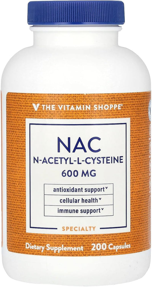 Vitamin Shoppe NAC N-Acetyl-L-Cysteine 600mg (200 Capsules) for Cellular Health and Immune Antioxidant Support