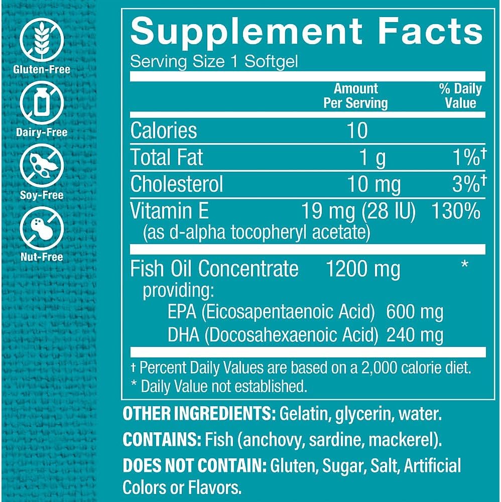 Vitamin Shoppe Omega 3 Fish Oil Softgels - 1100mg, EPA 600mg, DHA 240mg - Cardiovascular, Joint, Brain Health - 60 ct
