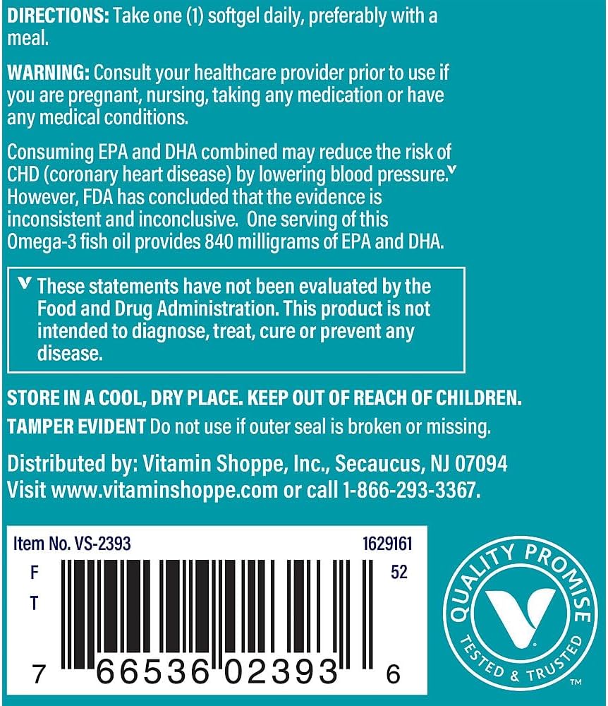 Vitamin Shoppe Omega 3 Fish Oil Softgels - 1100mg, EPA 600mg, DHA 240mg - Cardiovascular, Joint, Brain Health - 60 ct