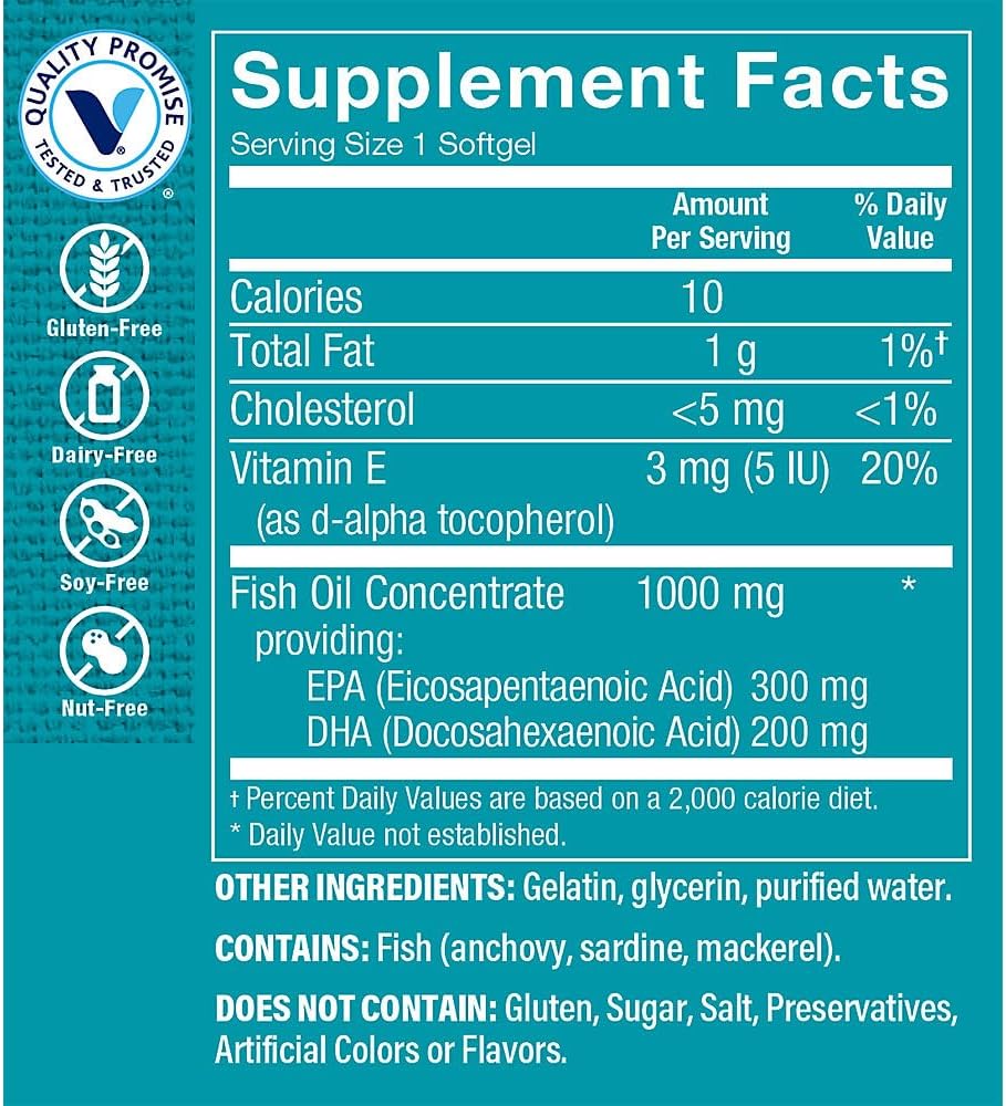 Vitamin Shoppe Omega-3 Fish Oil Softgels, 1000mg, High Purity EPA & DHA, Cardiovascular & Brain Health Support