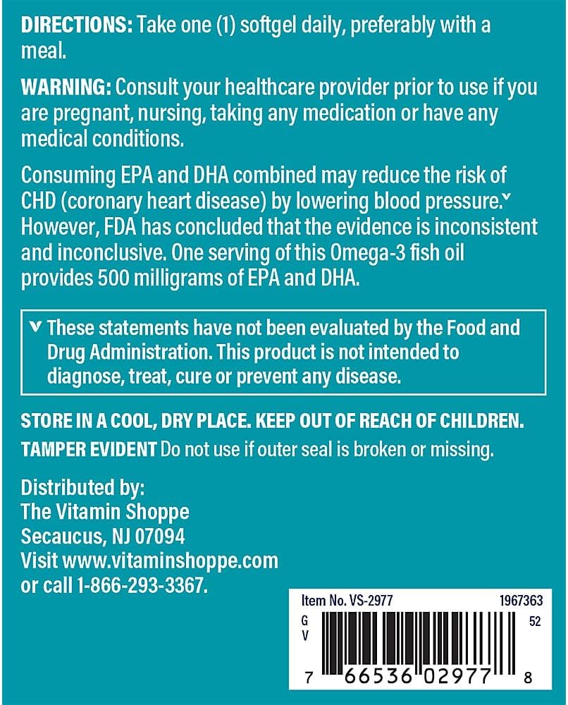 Vitamin Shoppe Omega-3 Fish Oil Softgels, 1000mg, High Purity EPA & DHA, Cardiovascular & Brain Health Support