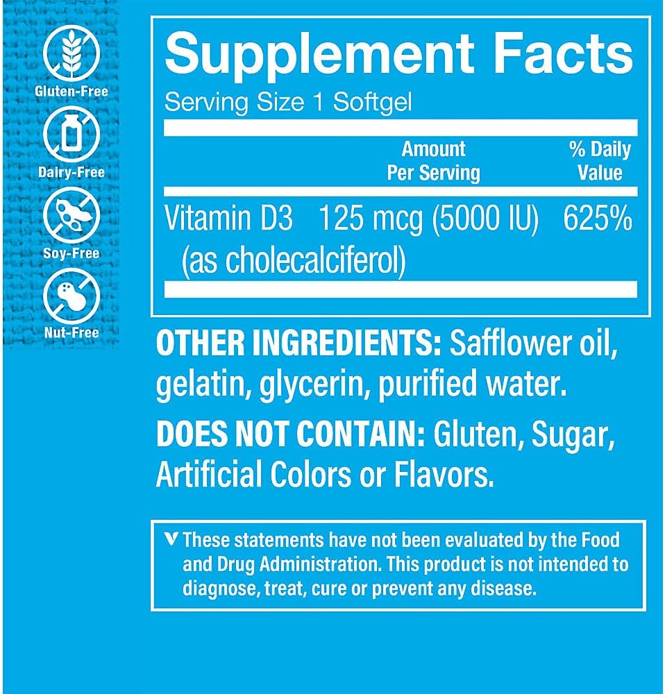 Vitamin Shoppe Vitamin D3 5000IU Softgel - Bone & Immune Health Support - Cellular Growth & Calcium Absorption - Gluten Free - 200 Softgels