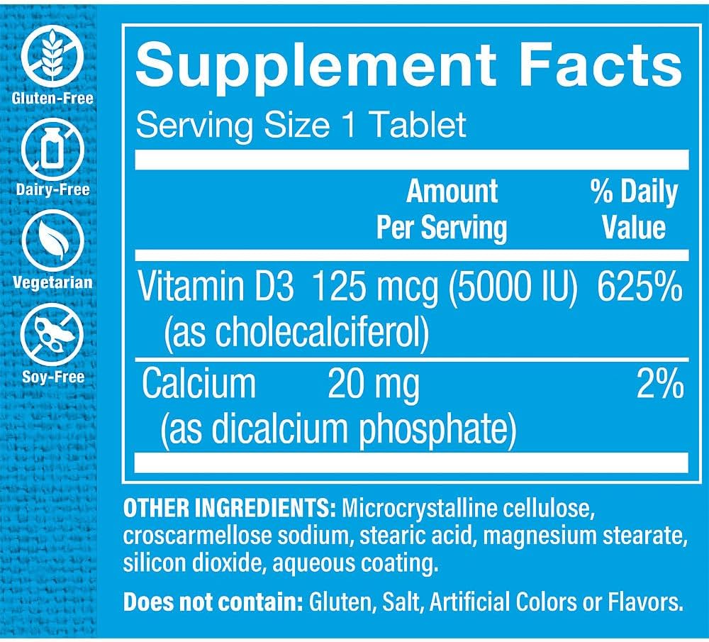 Vitamin Shoppe Vitamin D3 5000IU Softgel - Bone, Immune Health, Cellular Growth, Calcium Absorption - Gluten Free - 120 Softgels
