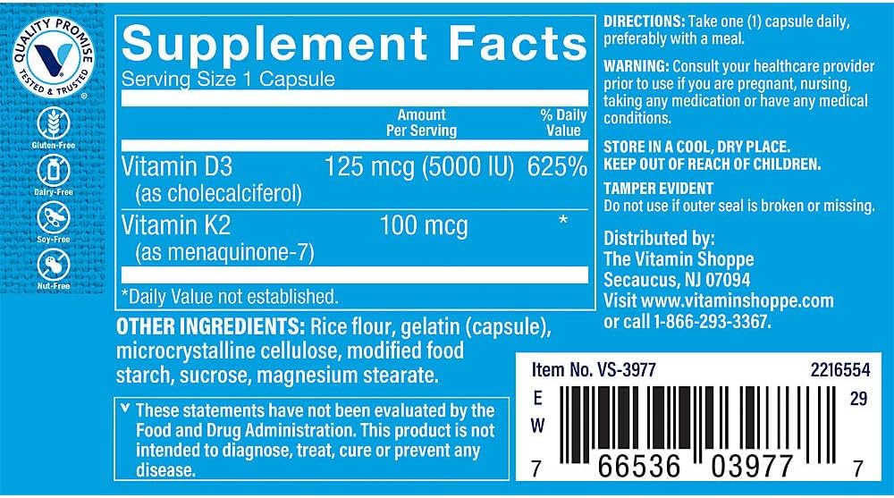 Vitamin Shoppe Vitamin D3 & K2 Capsules - 5,000 IU - Immune & Bone Health Support