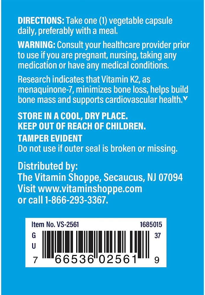 Vitamin Shoppe Vitamin K2-100 MCG - 60 Vegetarian Capsules for Bone and Heart Health