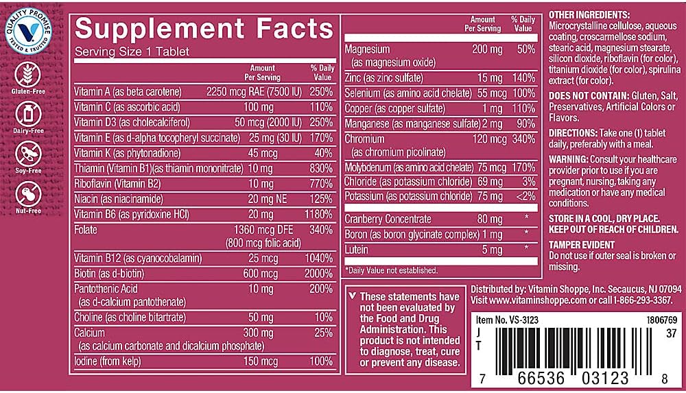 Vitamin Shoppe Women's 50+ Multivitamin - No Iron, Multi-Mineral Supplement - Supports Energy, Cardiovascular, Vision, Immune Health - 60 Tablets