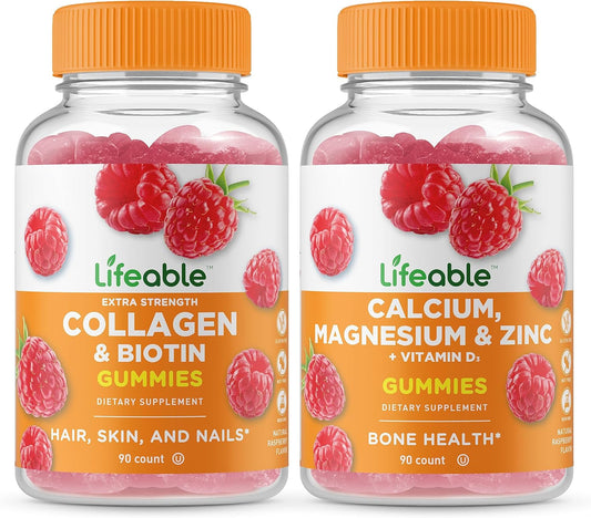 Vitamin Supplement Bundle with Collagen, Biotin, Calcium, Magnesium, Zinc & Vitamin D Gummies - Gluten Free, GMO Free Chewables