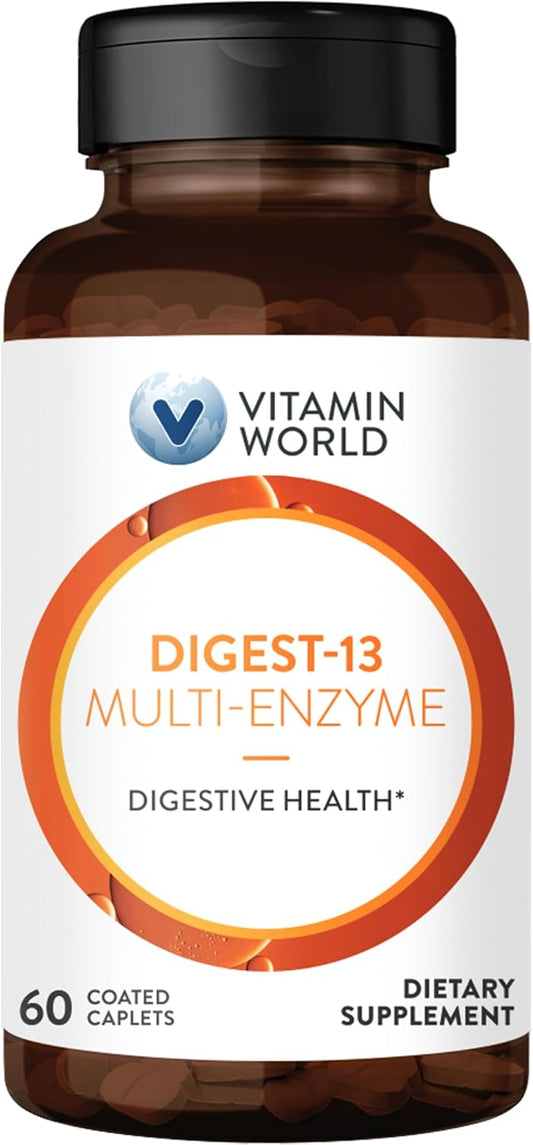Vitamin World Digest-13 Multi-Enzyme: 1010mg Blend for Digestion & Absorption, 60 Caplets for Bloating & Gas