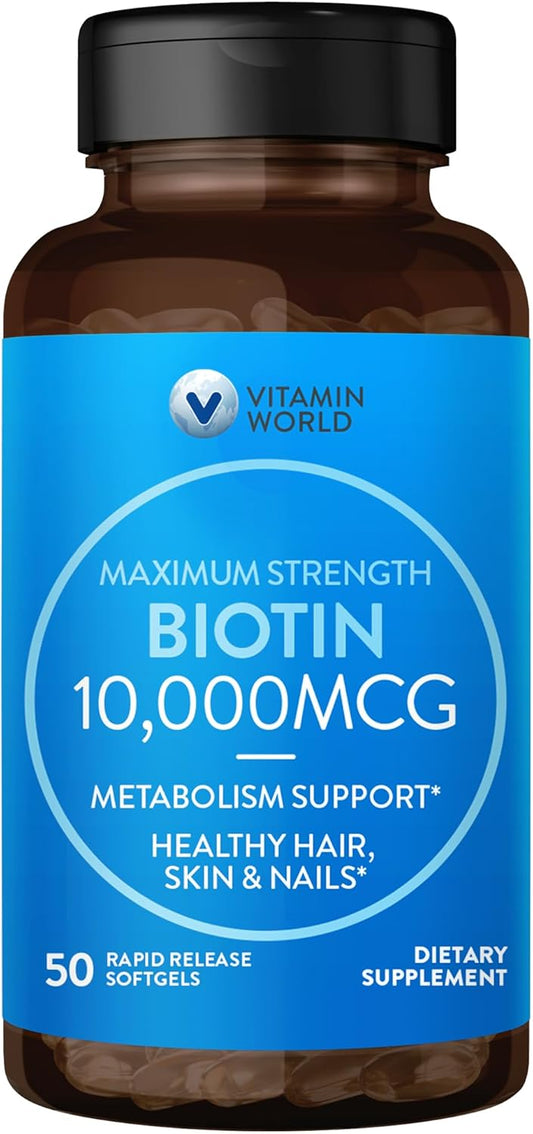 Vitamin World Ultra Mega Biotin 10,000 mcg Softgels - 50 Count, High Potency B Vitamin Supplement for Hair, Skin, Nails - Gluten Free, Rapid Release