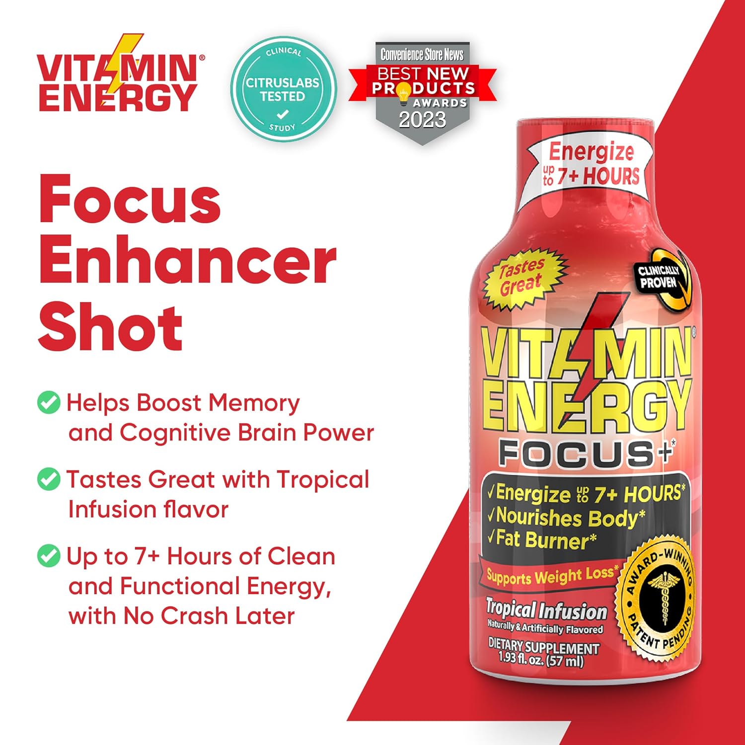VitaminEnergy™ Keto Energy Shot (12 Pack) - Focus+ Formula with BCAAs & COQ10, Lasts 7+ Hours, 1.93 fl oz