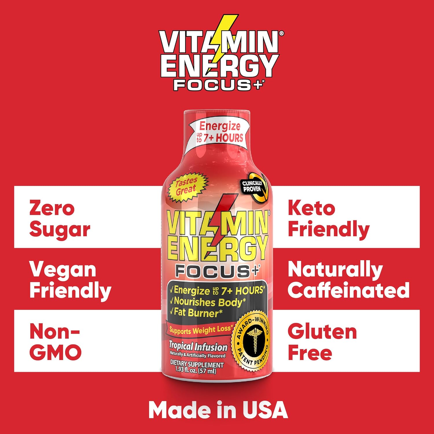 VitaminEnergy™ Keto Energy Shot (12 Pack) - Focus+ Formula with BCAAs & COQ10, Lasts 7+ Hours, 1.93 fl oz