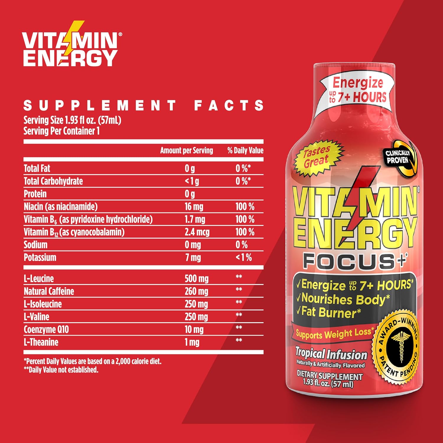 VitaminEnergy™ Keto Energy Shot (12 Pack) - Focus+ Formula with BCAAs & COQ10, Lasts 7+ Hours, 1.93 fl oz