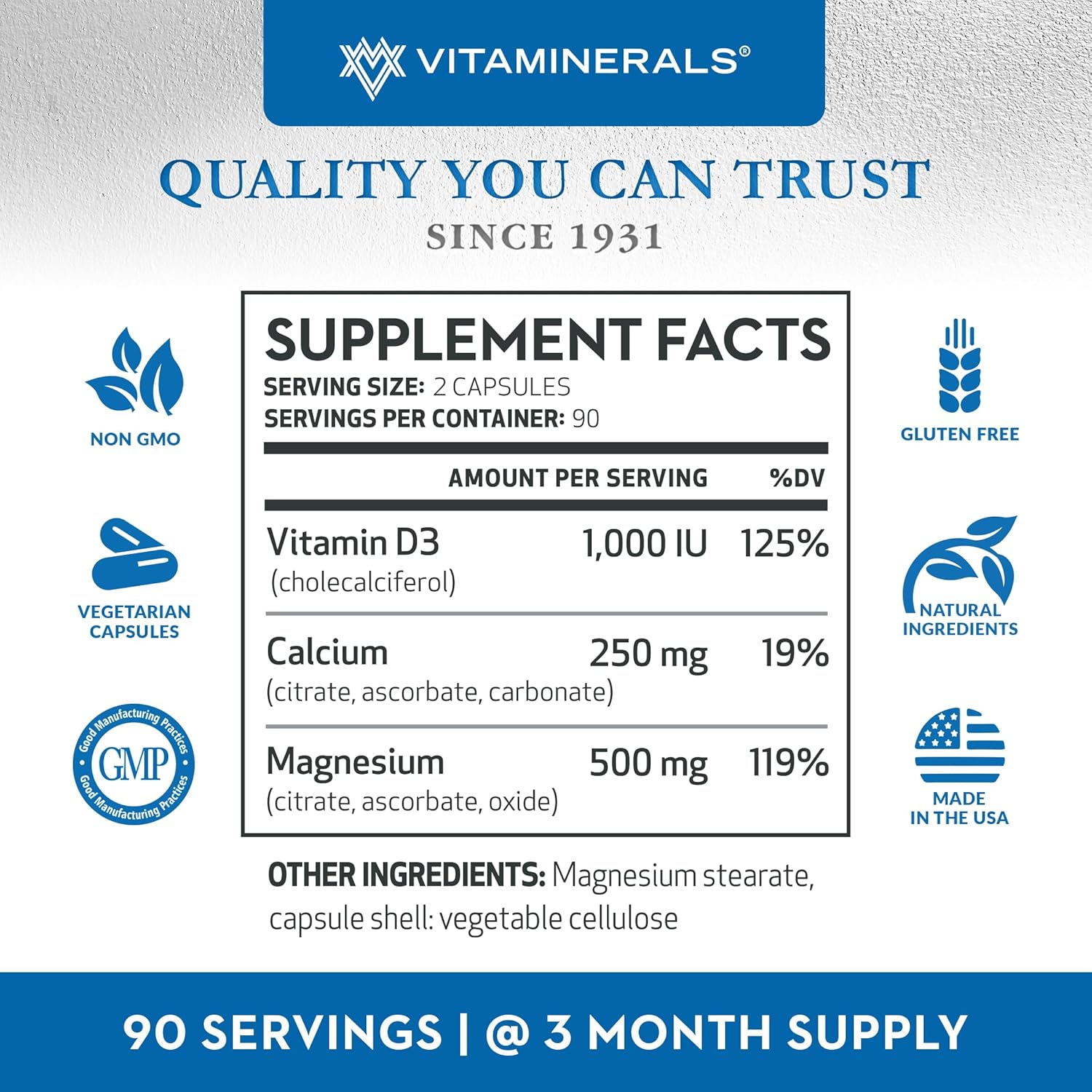 Vitaminerals 10 Magnese® Bone & Muscle Support Supplement with Magnesium, Calcium, and Vitamin D3 - 180 Veggie Capsules