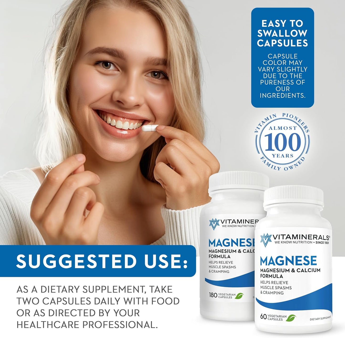 Vitaminerals 10 Magnese® Bone & Muscle Support Supplement with Magnesium, Calcium, and Vitamin D3 - 180 Veggie Capsules