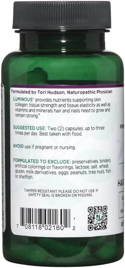 Vitanica Luminous Hair Skin and Nail Support Supplement 60 Capsules - Vegan Formula for Healthy Hair Skin and Nails